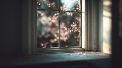 窓の外の桜の花