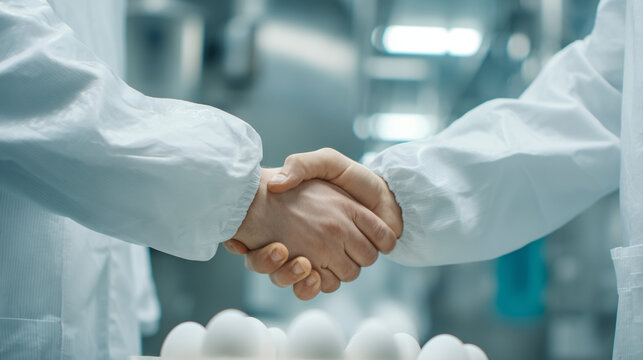 Two people in lab coats shaking hands in a laboratory setting with equipment