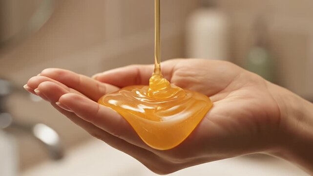 Close-up of Honey Syrup Flowing into Open Palm Hand Hygiene Sweetener Ingredient and Body care Product Natural Light