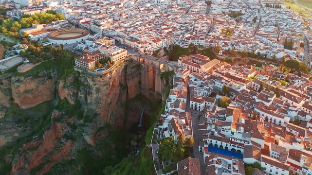 Aerial view of the Ronda medieval town at sunrise, Andalusia, Spain