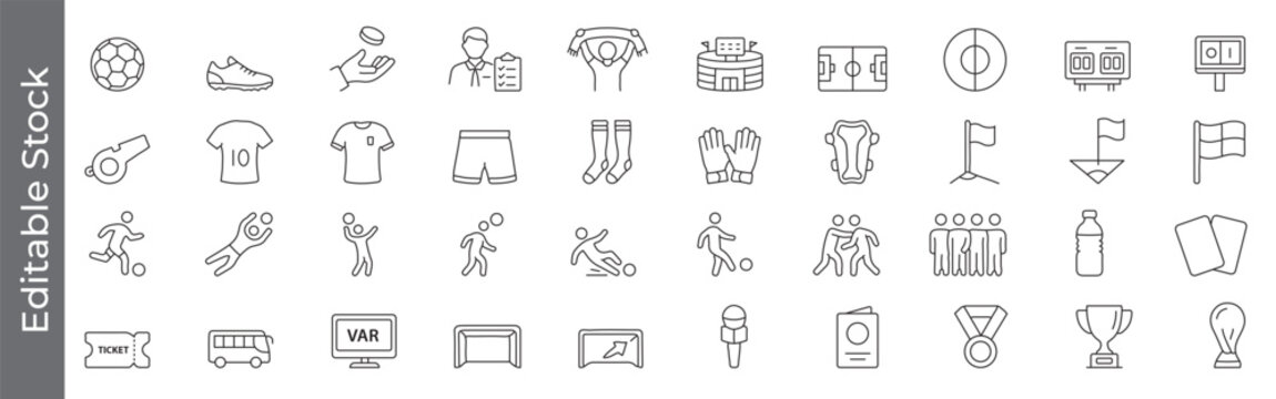 Soccer, football and stadium icon set &ndash; editable outline symbols of flag, ball, player, goal,  referee, jersey, trophy, players and fan elements