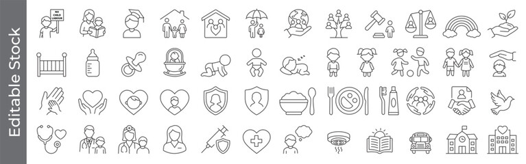 Fototapeta premium no child labor, Child protection, Childcare, family, nutrition, and education icon set – editable outline symbols of rights,health, school, baby and parent