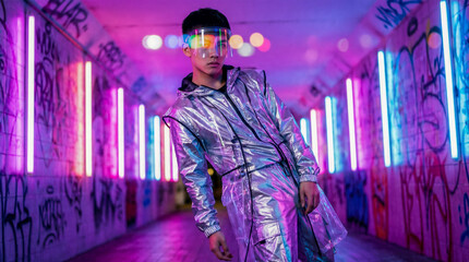 Obraz premium Fashion portrait in metallic streetwear with neon aesthetic