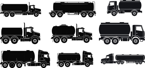 Tanker truck silhouettes set, fuel and water transport vehicles, black vector icons collection, industrial logistics transportation illustration isolated © New World