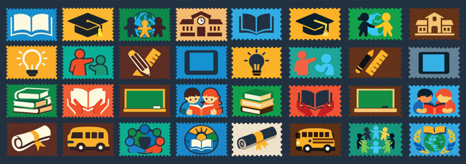 Fototapeta premium International Day of Education Stamps Collection with Learning Icons