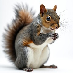 Fototapeta premium Cute grey squirrel sits on white background holding a nut in paws. Small rodent with bushy tail eats nut, has brown fur detail. Animal photo.