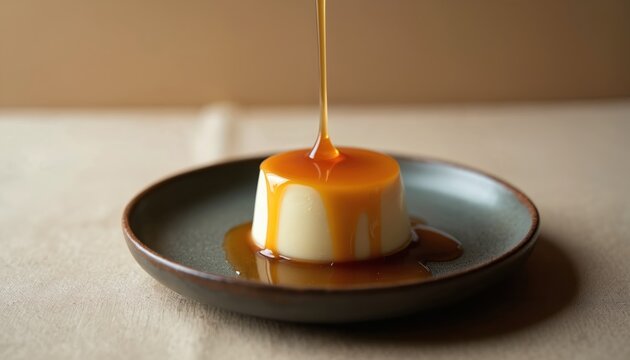 Creamy Japanese purin dessert with glossy caramel glaze poured slowly on top. Served on a rustic ceramic plate, this sweet treat looks delicious and elegant. Minimalist food styling.