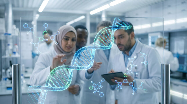 Diverse Scientists Collaborating with Transparent Screen Displaying 3D DNA Structure
