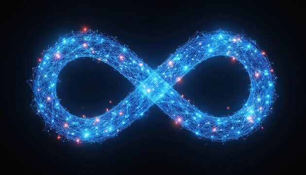 Abstract blue infinity symbol made of glowing lines and nodes. Represents eternity concepts, interconnectedness, and digital networks. Useful for tech, science, and symbolic themes.