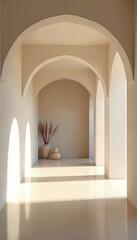Naklejka premium Interior hallway with arched openings and soft light. Minimalist decor features a vase with dried grass and a decorative object on the floor. Clean lines and neutral tones create a serene atmosphere.