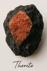 Geological specimen of heavy silicate mineral thorite with handwritten label