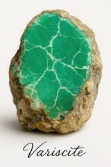 Bright apple green variscite gem mineral for jewelry making on white background