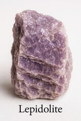 Natural purple lepidolite mica mineral specimen with flaky texture isolated on white