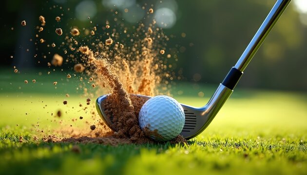 Golf club strikes white ball creating dirt spray on green grass. Dynamic motion shot captures precision hit on fairway. Focus on ball and club head.