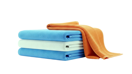 Stack of folded microfiber towels in blue, white, and orange