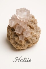 Geological collection sample of raw rock salt halite crystals on matrix