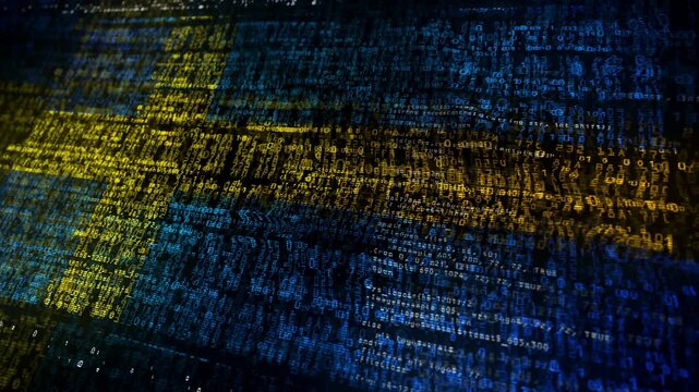 Sweden flag waving secure code. Swedish blowing banner cyber security attack and hack concept animation.