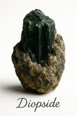 Rare chrome green diopside mineral ore isolated on white background with text