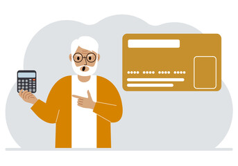 The man is talking on the phone. Nearby is a large plastic card. Vector flat illustration