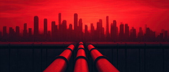 Industrial Pipes Leading Toward Urban Skyscrapers under Dramatic Red Sunset Sky Industry Concept Pipes Beneath the Skyline