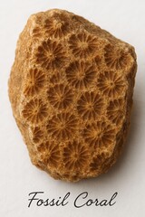Natural brown fossil coral stone with star pattern isolated on white