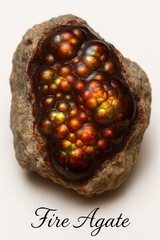 Fire agate specimen with iridescent botryoidal chalcedony on matrix rock