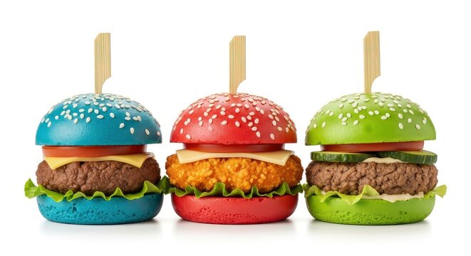 Colorful candy apple burgers on sticks with sprinkles festive food party snack dessert isolated white background
