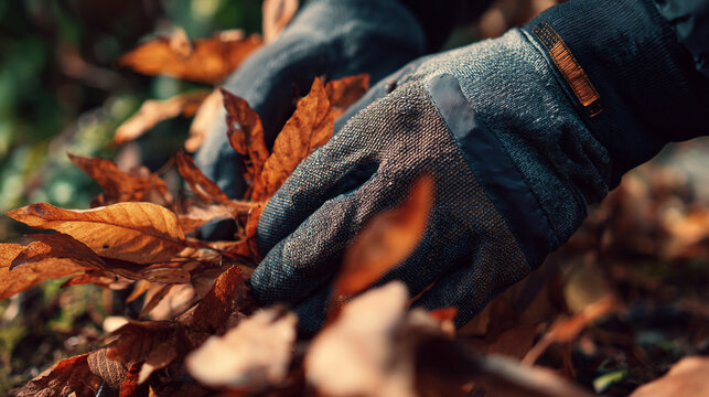 A gloved hand picking up fallen autumn leaves from the ground outdoors