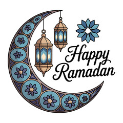 Happy ramadan greeting with crescent moon and lanterns illustration