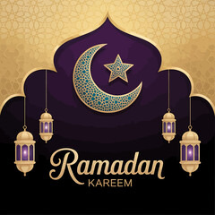 Ramadan kareem greeting card with crescent moon and lanterns design