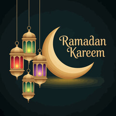 Ramadan kareem greeting with hanging lanterns and crescent moon on dark background