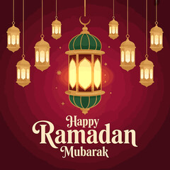 Happy ramadan mubarak greeting card with beautiful lanterns hanging from the sky