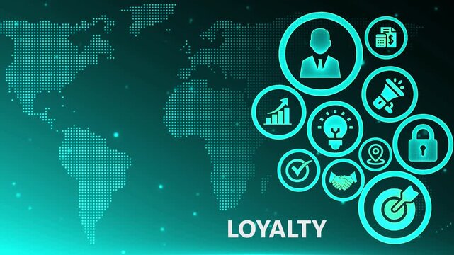 Customer loyalty concept with global business icons and neon digital world map background in futuristic teal glow