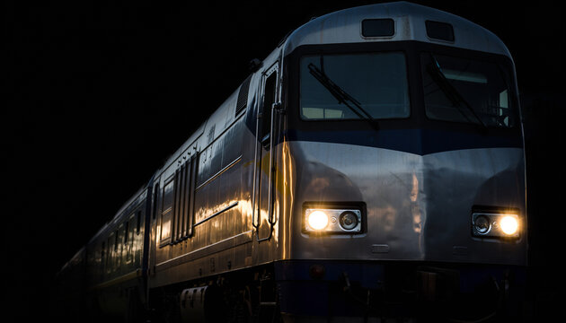 夜間走行する鉄道車両の重厚なフロントビュー