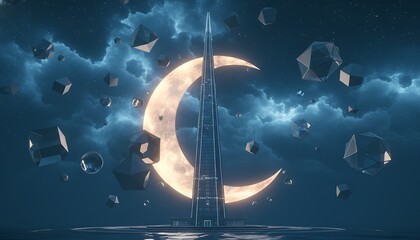 tower rises before moon and night sky