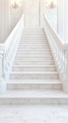 Fototapeta premium Elegant marble staircase with ornate railings, surrounded by a light, airy atmosphere, showcasing refined architecture and sophistication.