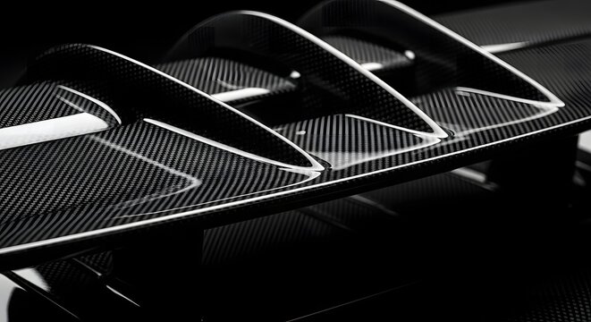 Close-up of a sleek carbon fiber spoiler, highlighting its intricate weave and aerodynamic design, a testament to modern automotive engineering and high-performance aesthetics