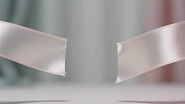 Sharp metal scissors blade cutting through light pink silk ribbon close up view representing grand opening ceremony