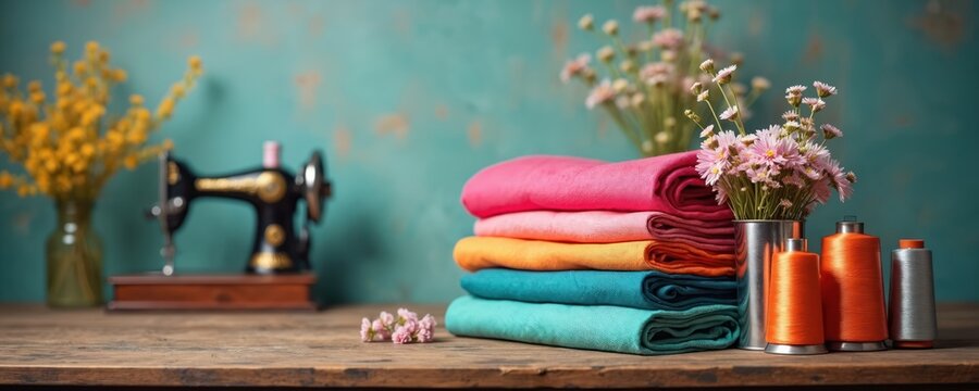 Stack of colorful fabric rolls sits on wooden table near vintage sewing machine and thread spools. Small flower sprigs add delicate decor to workshop scene.
