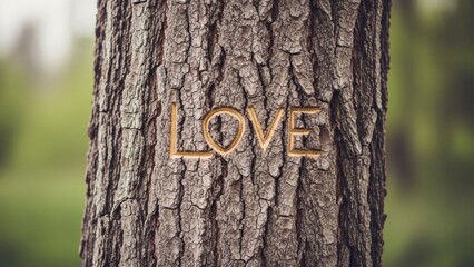 Fototapeta premium Simple Valentine symbol of forever, the word LOVE carved into tree bark, standing strong in a blurred green forest of memories and promises