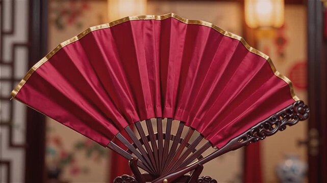 Traditional red silk folding fan with golden edge and carved wooden frame displayed in Chinese style interior with lanterns representing Asian culture and national heritage