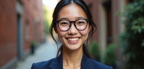 Young asian woman with glasses smiles happily outdoors in city alley. Wears dark blue blazer, looks friendly, approachable. Natural light illuminates face. Portrait evokes joy, confidence.