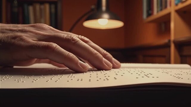 Human hand touching and reading raised dots on braille book page with calm mood representing accessibility and education for blind people
