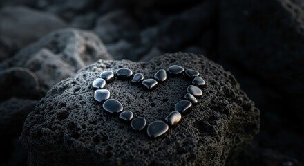 Heart Shape Formed by Smooth Black Stones on Textured Grey Rock Surface