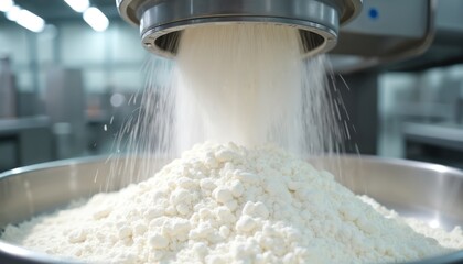 White flour streams from industrial dispenser into large metal bowl. Automated system pours fine powder for baking needs. Modern food production process scene.