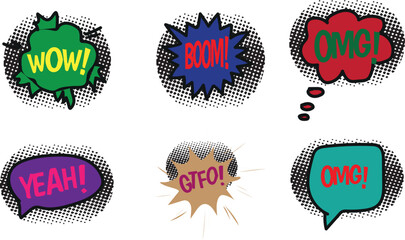 Collection of vibrant comic book style speech bubbles featuring impactful interjections like wow boom yeah and omg designs for expressing surprise excitement or strong reaction in graphic art. © jharna
