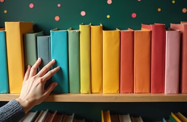 Fototapeta na wymiar Hand selects colorful books from shelf in organized classroom. Learning resources arranged on tidy shelves promote effective education. Kid chooses tome from library.