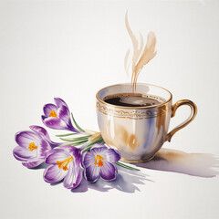 cup of coffee with crocuses, watercolor