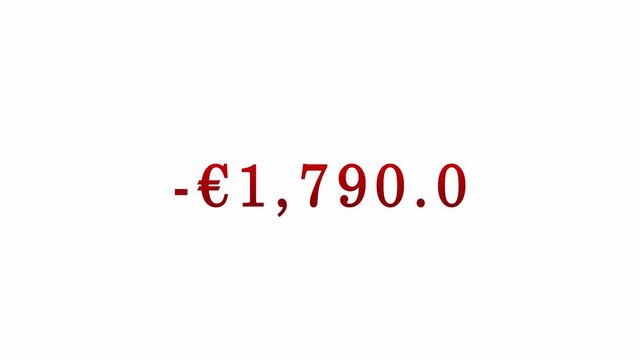 negative five thousand euro counting animation in red gradient from zero to negative five thousand on a white background, - 5,000 euro money counter animation in 4k