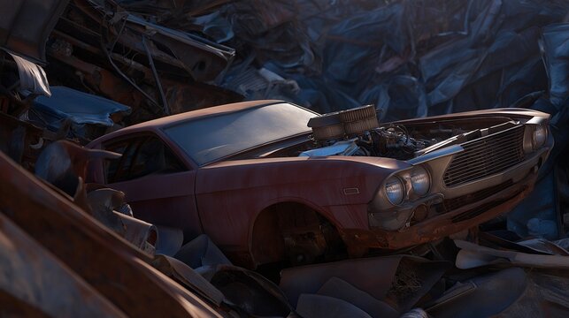 A vintage car engine emerges from a heap of metal scrap, representing the forgotten automobiles that once graced the roads, now waiting in silence for restoration or recycling into new vehicles.
